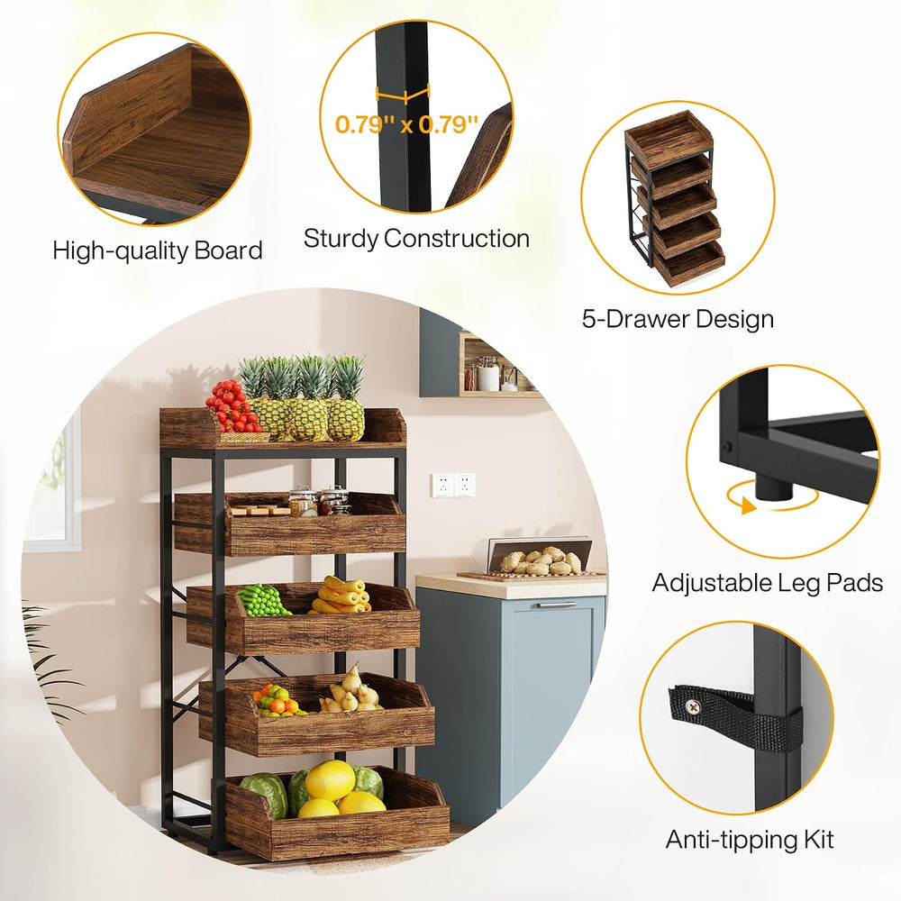 Tribesigns Wood Fruit and Vegetable Storage Rack, 5-Tier Pull-Out Snack Stand...