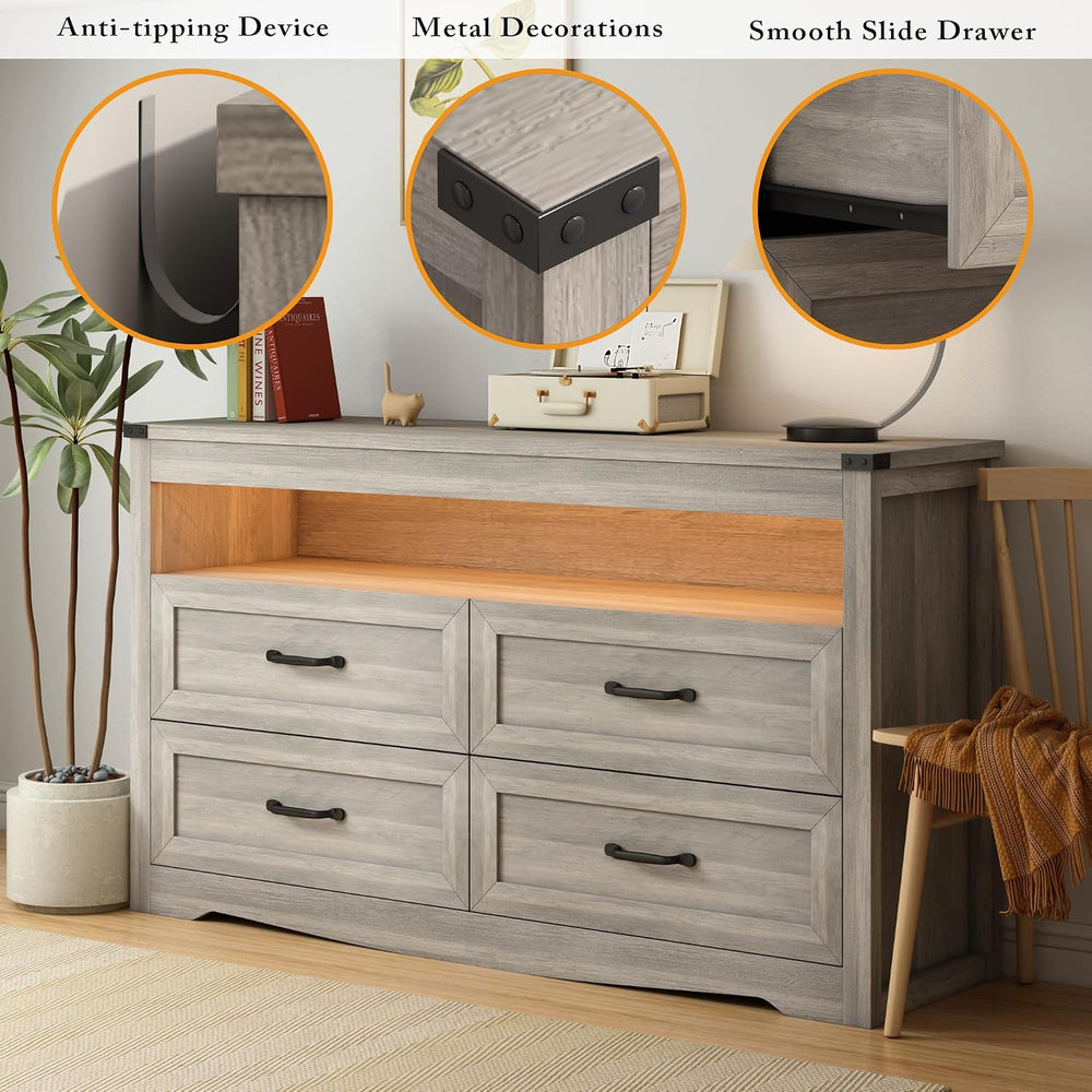 Wodeer Grey Dresser for Bedroom, Wooden 4 Drawer Dresser with LED Light, Dres...