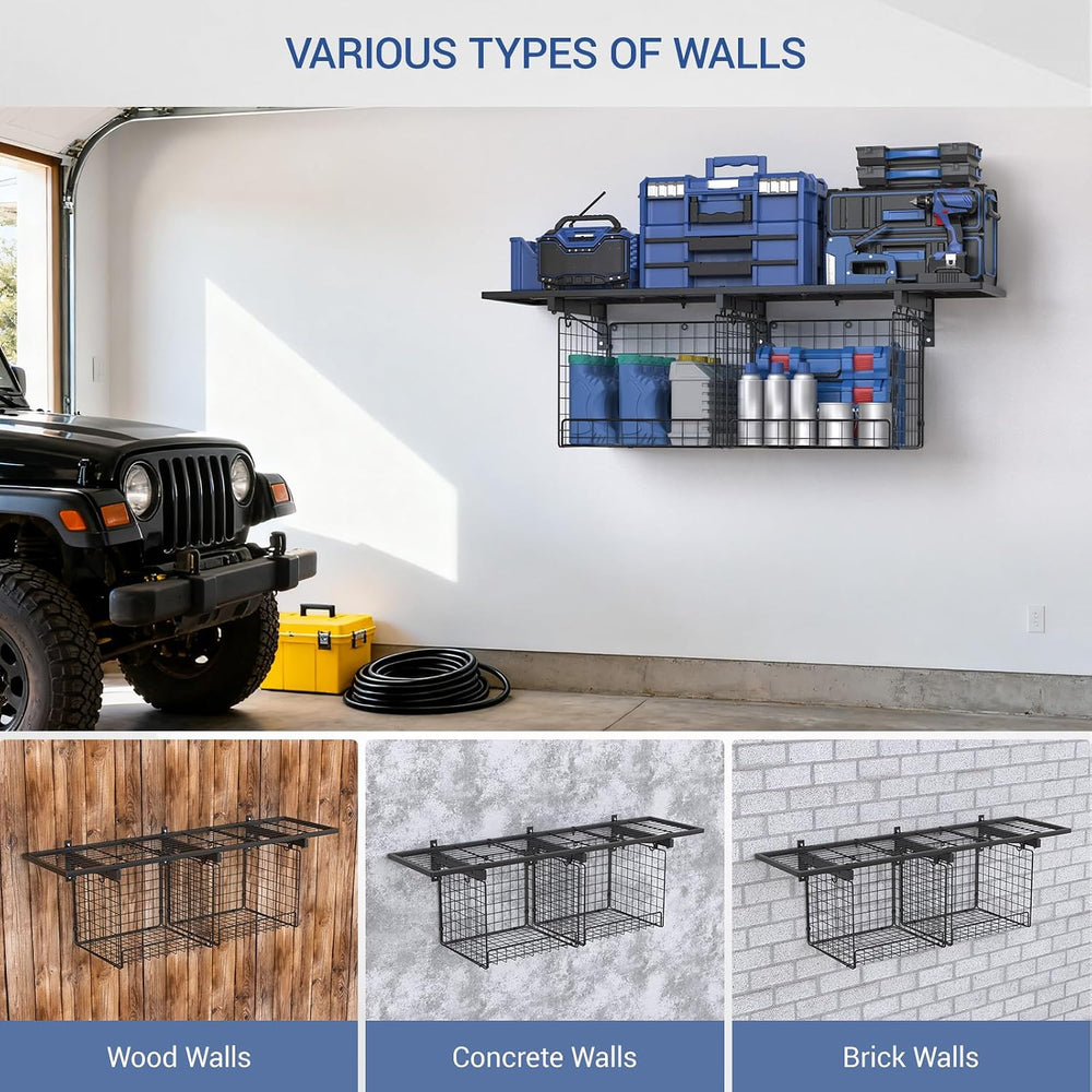 1x4ft Heavy Duty Garage Wall Shelving with 2 Wire Baskets, Garage Shelving Wa...