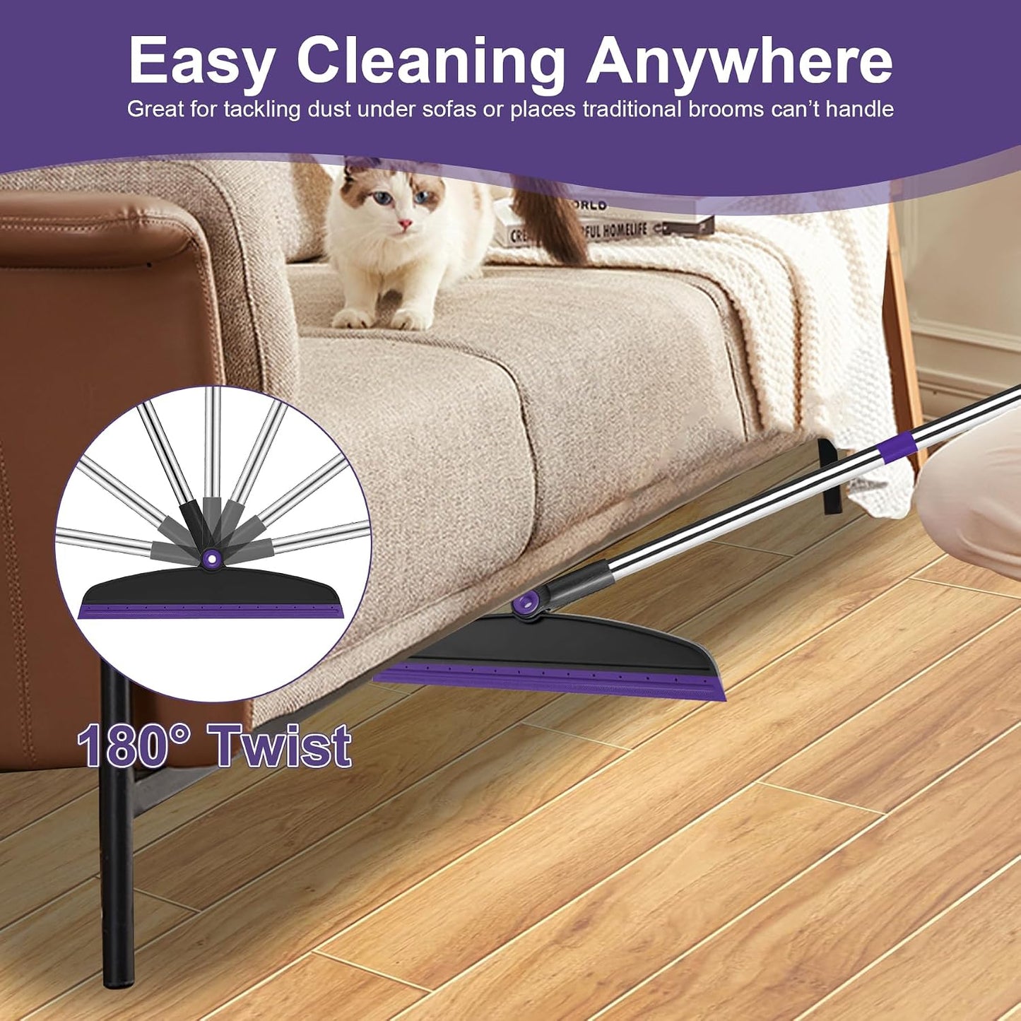 Broom and Dustpan Combo Set, 51" Long Handle Broom with Squeegee | Wet & Dry Cleaning for Pet Areas, Built-in Comb Dustpan, Foldable Space-Saving Storage, Multi-Surface Floor Cleaning