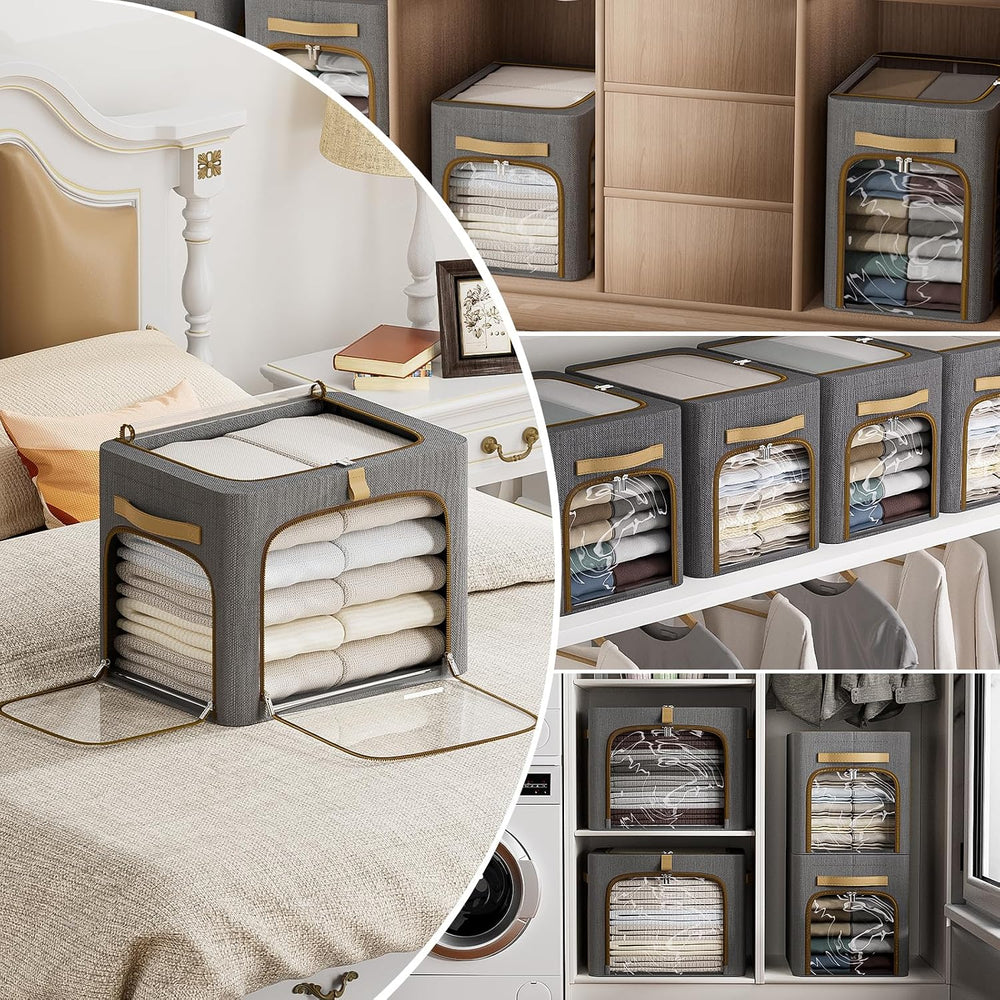 Clothes Storage Bins with Metal Frame and 3 See-Through Windows Openings