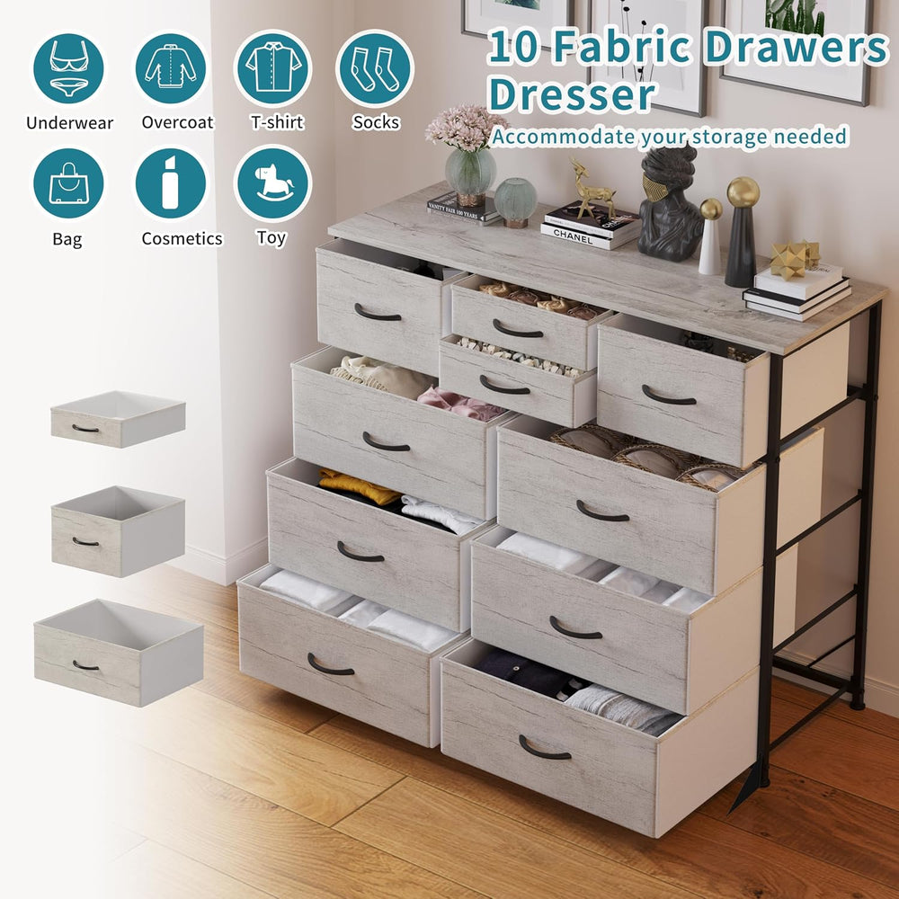 LUMTOK 10 Drawers Dresser with Fabric Bins for Bedroom,Closets,Greige