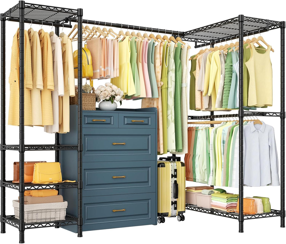 ULIFHOME E10L L-Shaped Clothes Rack for Corner(With Expandable Hanger Rod)Hea...
