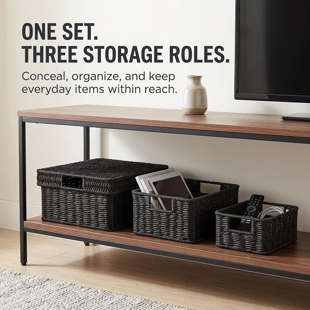Wicker Storage Basket with Lid for Shelves, 3-Basket Set, Black