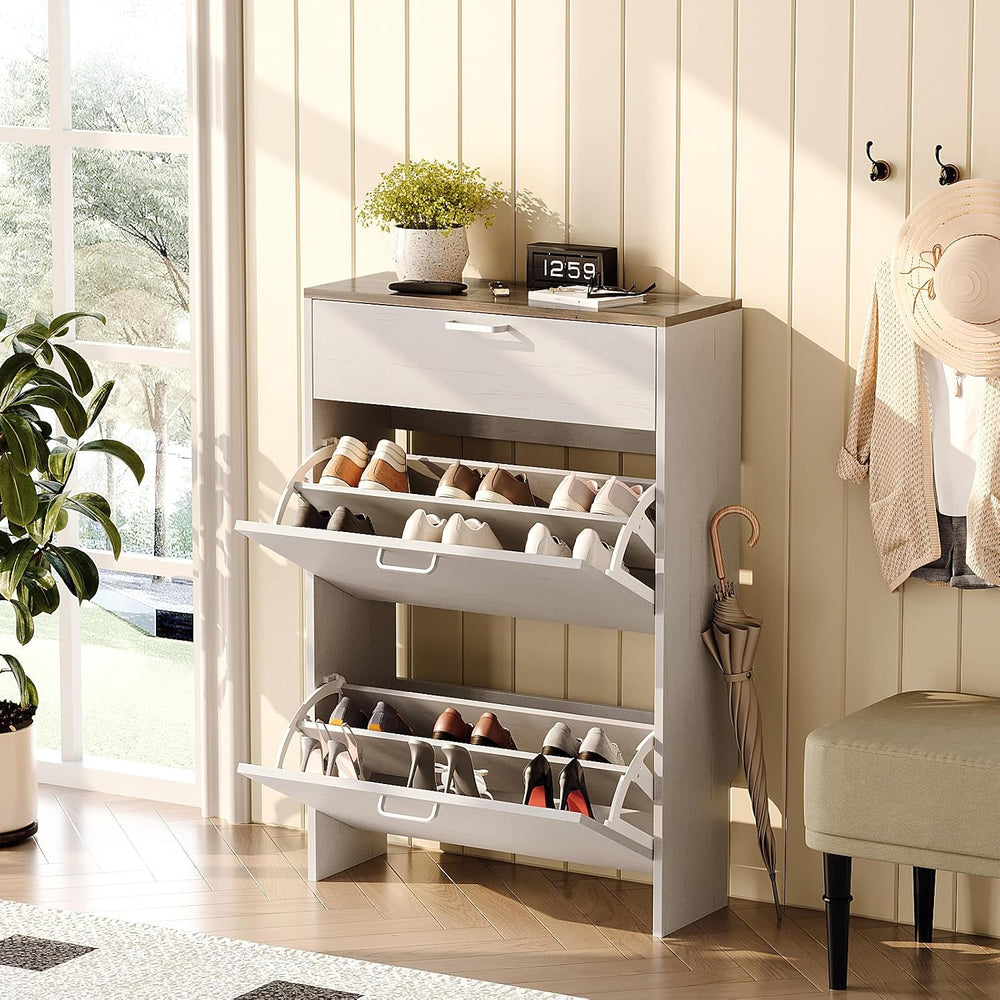 VINGLI Shoe Cabinet Storage for Entryway,Rustic White Narrow Shoe Rack,25"W