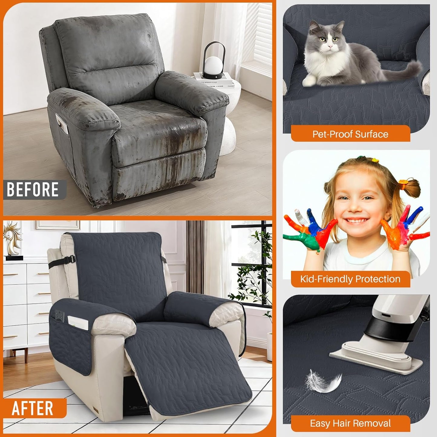 100% Waterproof Recliner Chair Covers,Non-Slip Chair Cover Dog Furniture Protector Recliner Covers Washable Slipcover with Pocket,Elastic Straps for Pets,Dogs,23.6",Dark Gray