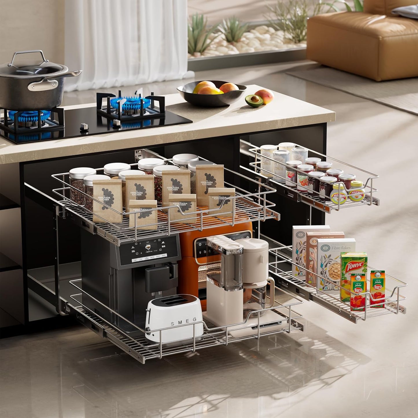 2 Tier Pull Out Cabinet Organizer 24" W X 22" D, Chromed, Full Slide Out | For Kitchen Organizers and Storage, Pull Out Drawers For Cabinets Capacity Heavy Duty Caddy, Cabinet Shelves, Bathroom Pantry