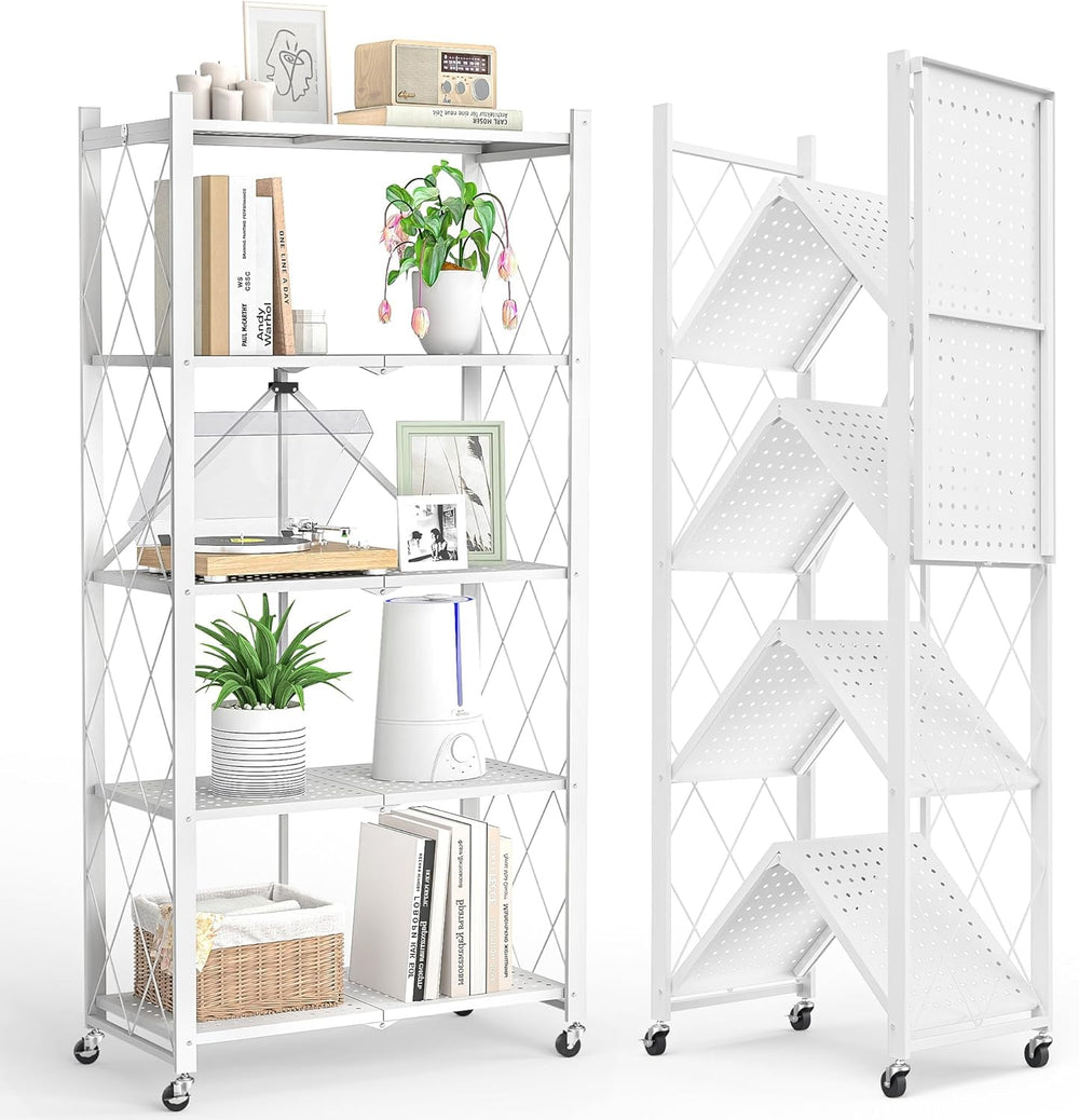 5-Tier Folding Metal Storage Rack - 63" Heavy-Duty Steel Frame with Whee...