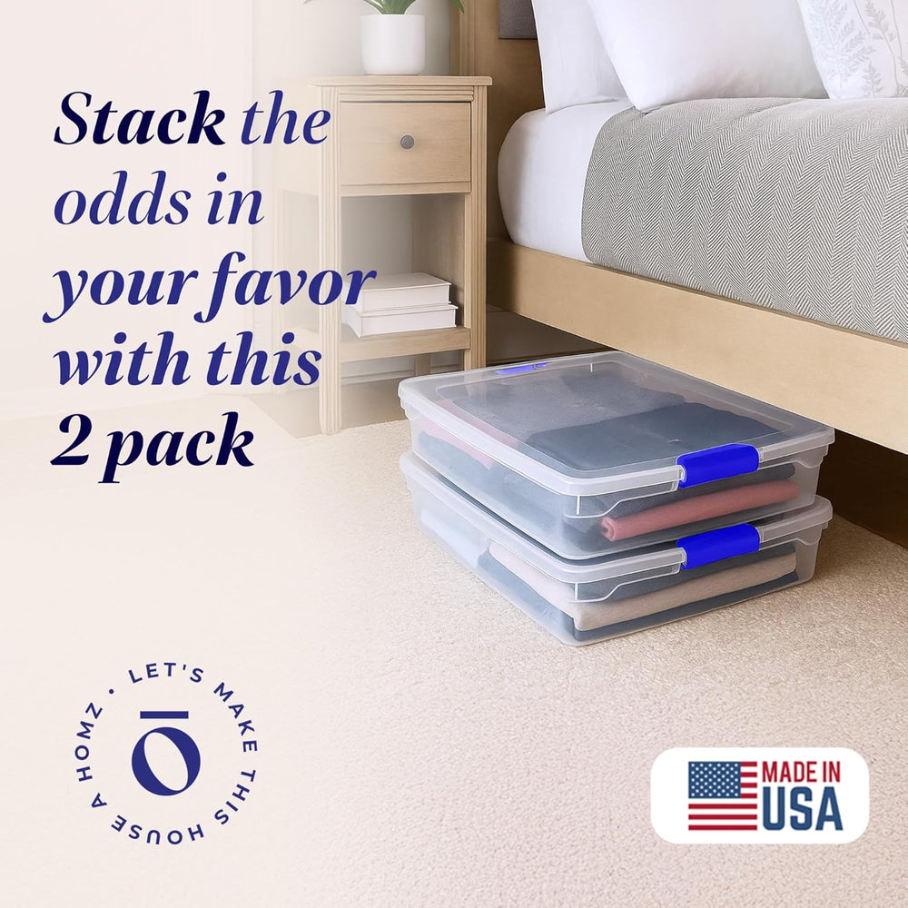 HOMZ 2-Pack Under Bed Storage, Clear Plastic Containers with Lids, 56 Quart, ...