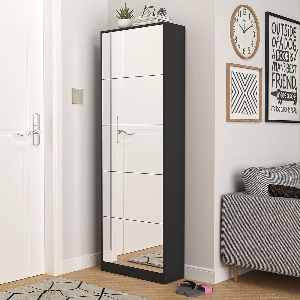 Mirrored Shoe Storage Cabinet with 5 Flip Drawers, 30 Pairs