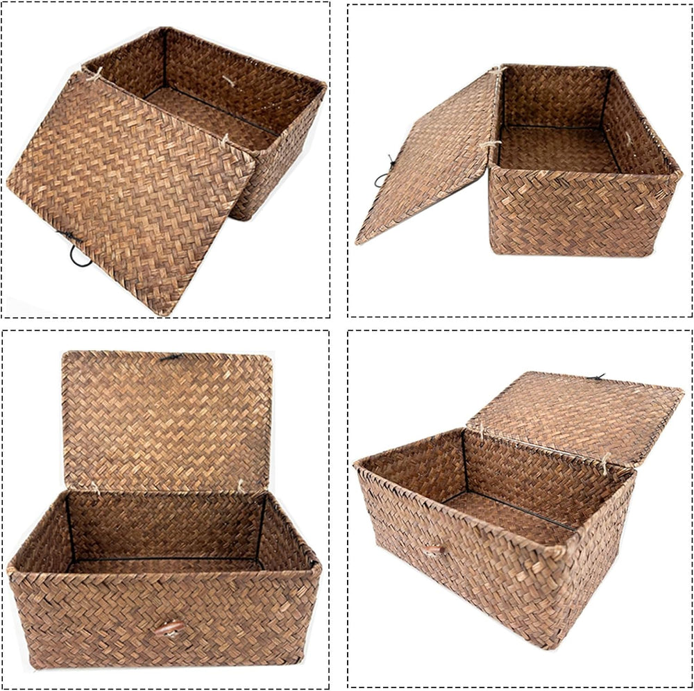 2-Pack Wicker Storage Baskets with Lid, Coffee Large & X-Large Rectangula...