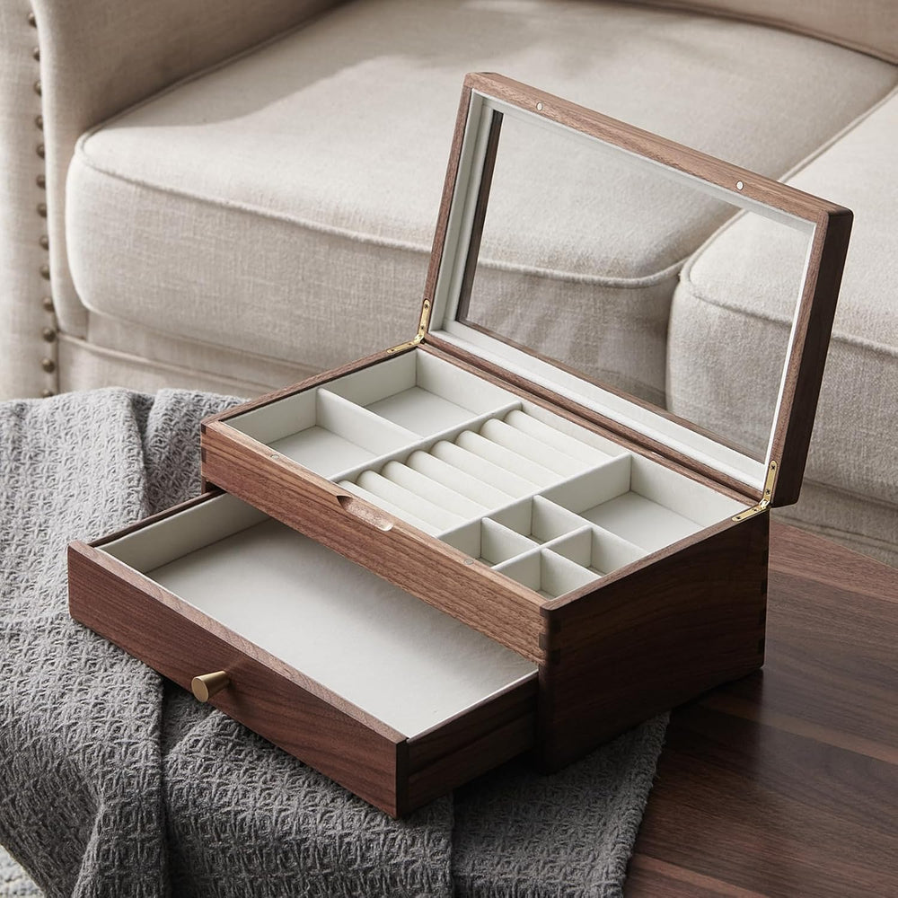 Beexchange Black Walnut Wooden Jewelry Box - Allwood, Handcrafted, Glass Lid ...