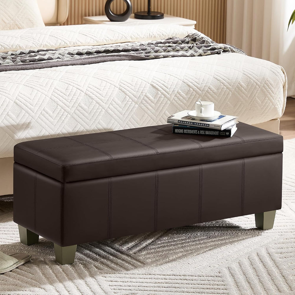 41" Faux Leather Storage Ottoman, Stitch Tufted Rectangle Upholstered En...