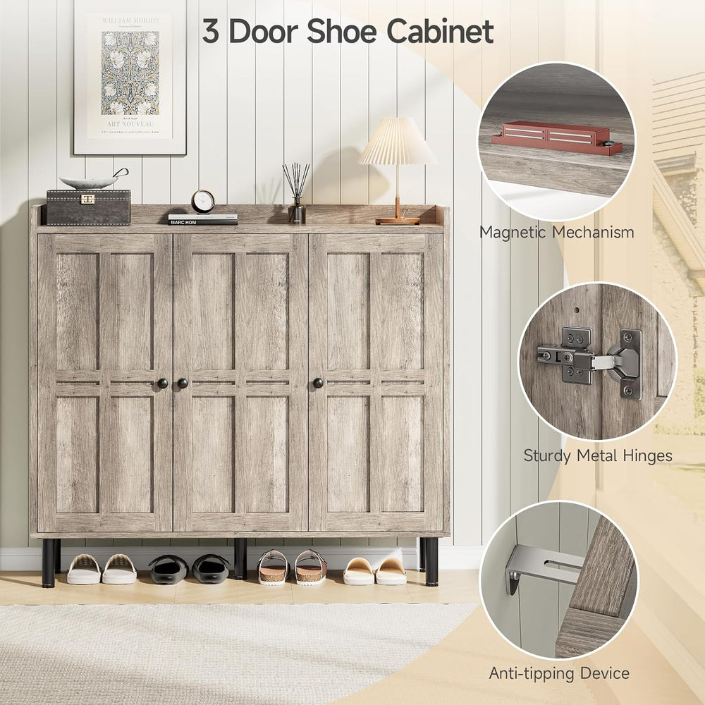 ONBRILL Entryway Shoe Cabinet with 3 Doors & Adjustable Shelves (Gray Wash)
