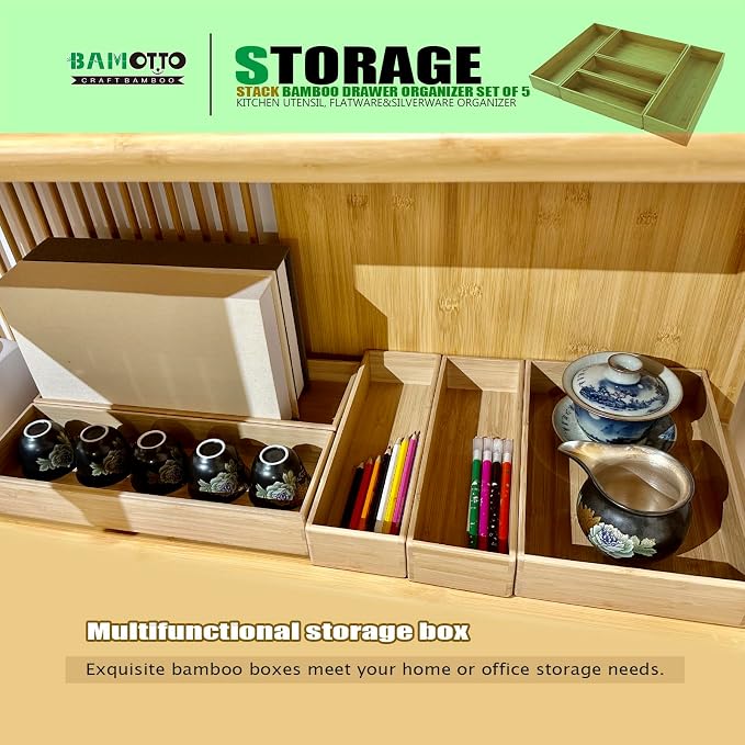 Stack Bamboo Drawer Organizer Set of 5, Kitchen Utensil, Flatware&Silverware
