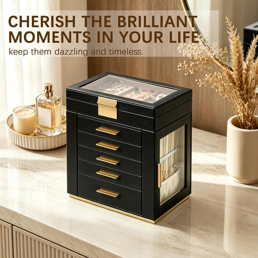 Homeanda Jewelry Boxes with Glass Lid, 6-Layer Large PU Leather, Black