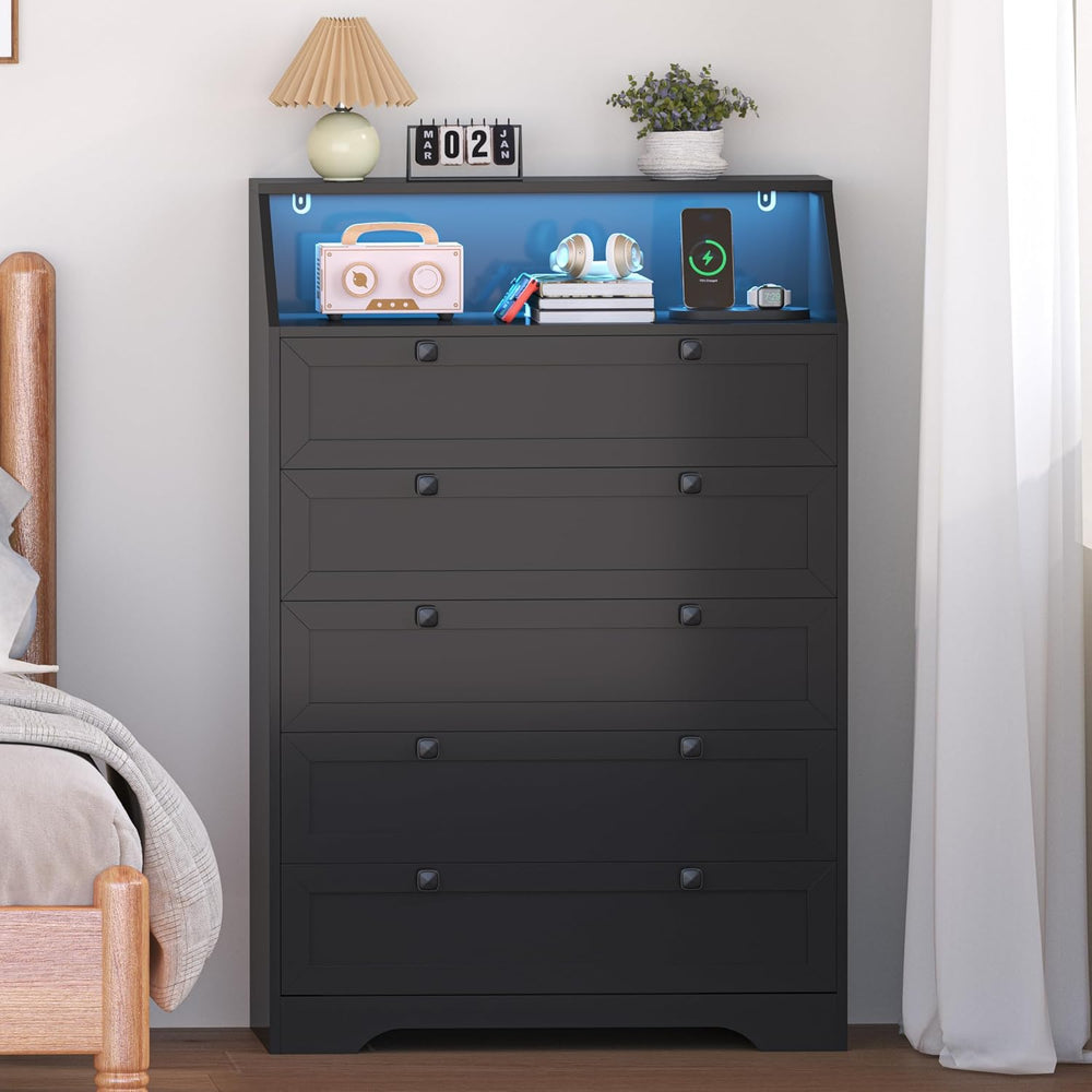 Black Dresser Tall 5 Drawer Dresser for Bedroom, Wood Chest of Drawers with L...
