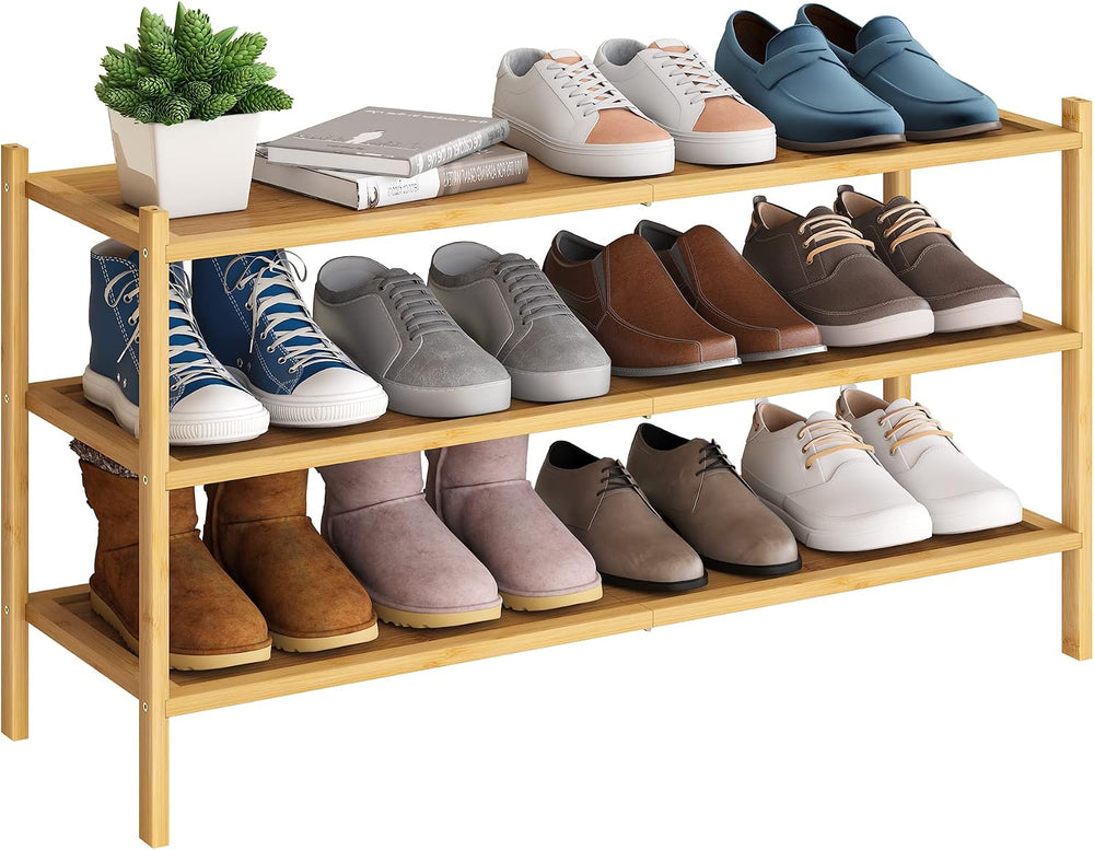 BMOSU 3-Tier Bamboo Extended Shoe Rack Premium Stackable Shoe Shelf Storage O...