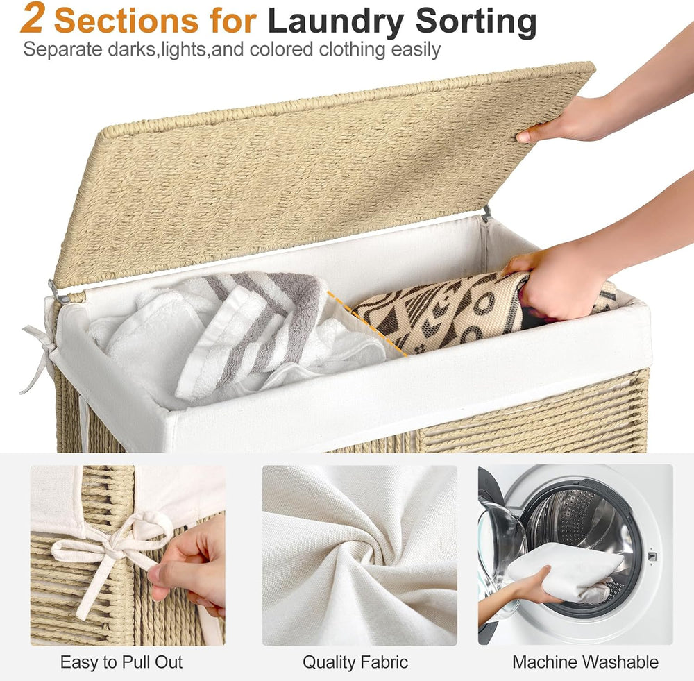WOWLIVE Double Laundry Hamper with Wheels, Handwoven Rolling Laundry Basket