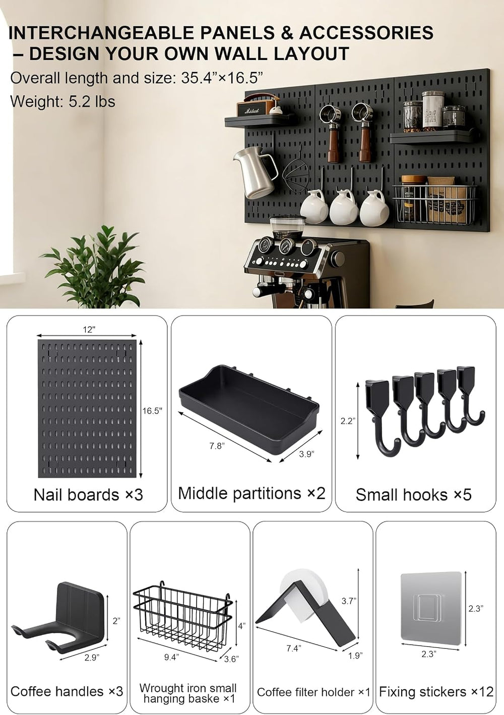 Coffee Pegboard Wall Storage Set – Wall-Mounted Coffee Mug Holder with Hooks,...