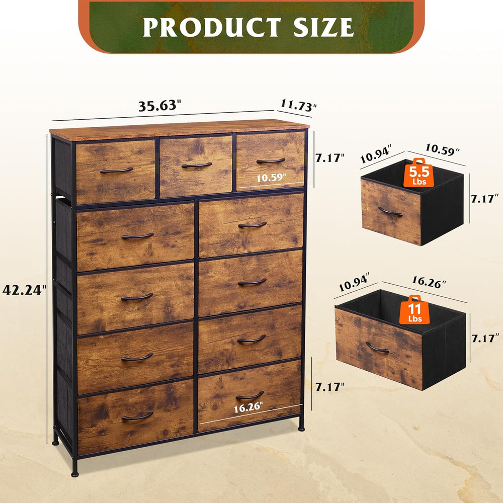 WLIVE Tall Dresser for Bedroom, 11 Drawer Chest of Drawers, Rustic Brown