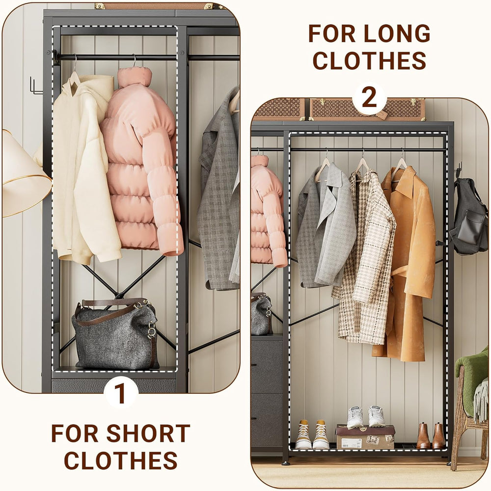 Lulive Clothes Rack with 2 Rods, Shelves, Drawers & Hooks, Garment Rack