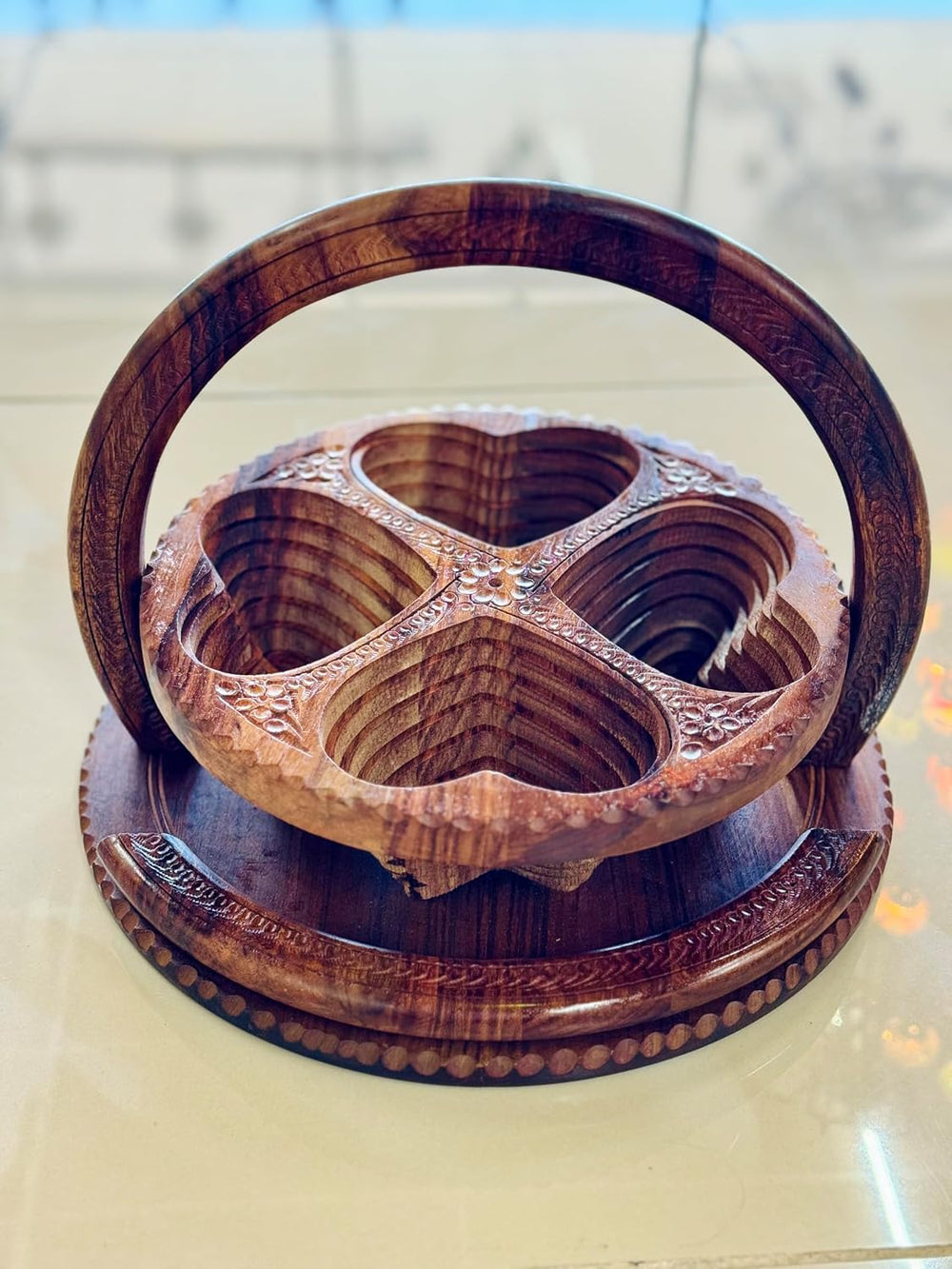 Handmade 12″ Collapsible Wooden Basket, 4-Compartment Heart Design in Himalay...