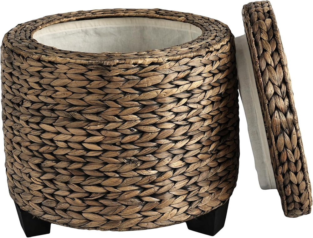 happimess Addie Handwoven Water Hyacinth Storage Ottoman 17.72", Brown Wash