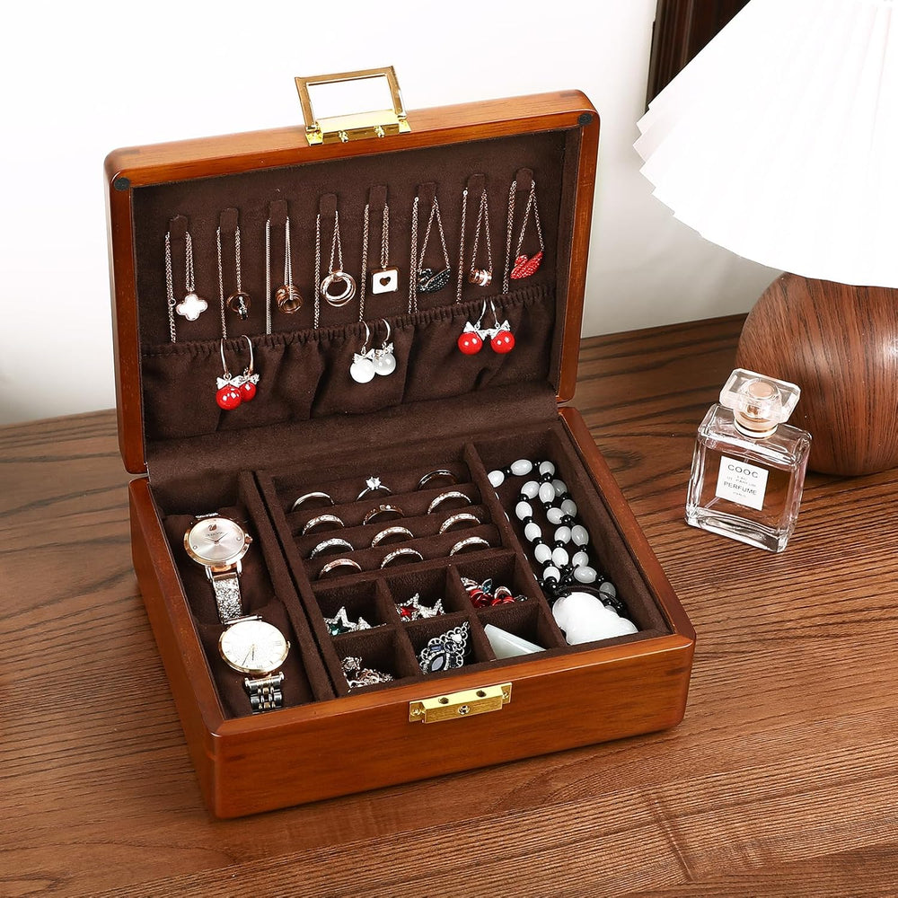 2 Layer Anti Tarnish Solid Wood Jewelry Organizer Box with Lock