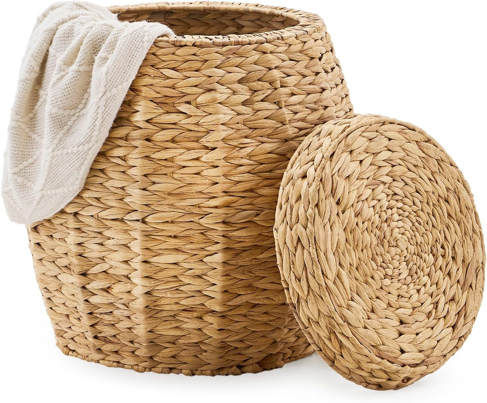 Round Wicker Basket with Lid, Handwoven Water Hyacinth Storage Basket, Blanke...