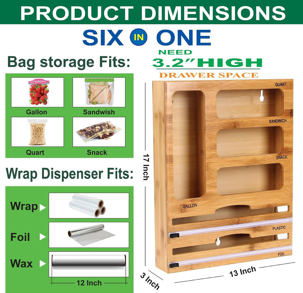 Bag Storage Organizer for Kitchen Drawer and Plastic Wrap Dispenser with Cutt...
