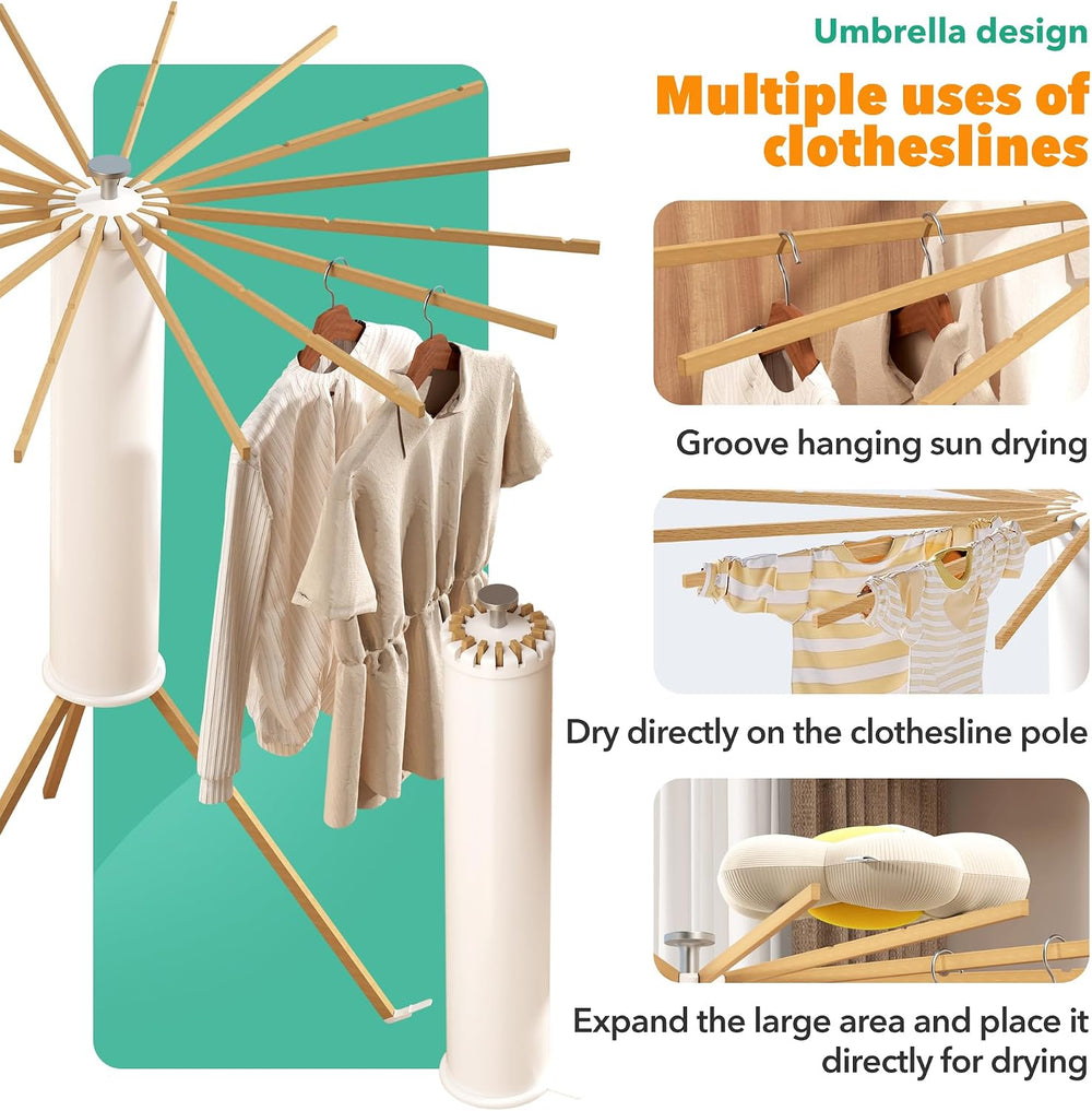 Heavy-Duty Wooden Tripod Clothes Drying Rack, 16 Rods, Large Capacity, 360° A...