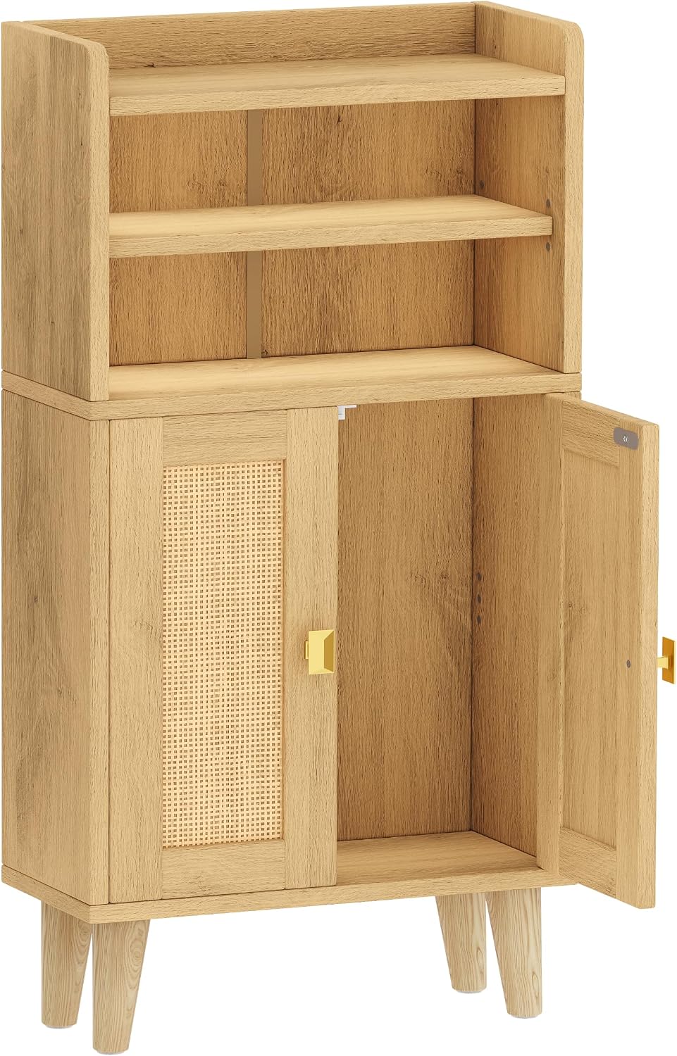 Akxomel Rattan Small Bathroom Storage Cabinet with Open Shelf 2 Doors Oak