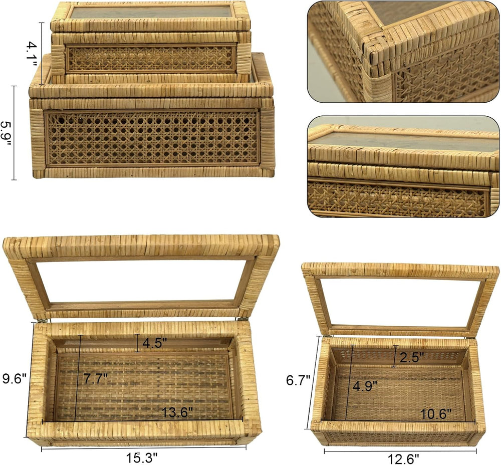 Rattan Display Box for Home Decor with Lid - Rectangular Coastal Bohemian Sty...
