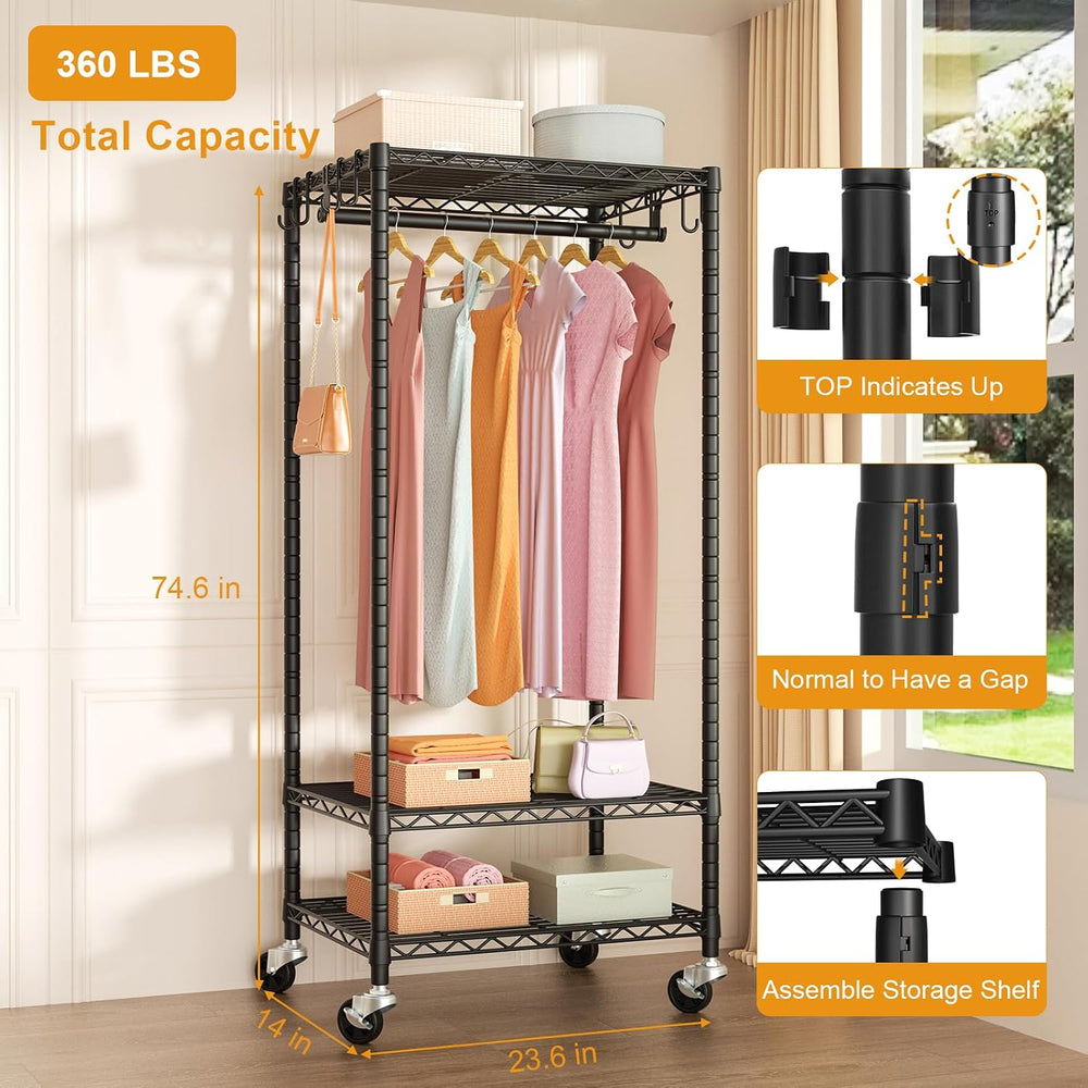 FUTASSI Rolling Clothes Rack, Clothing Racks for Hanging Clothes, Black