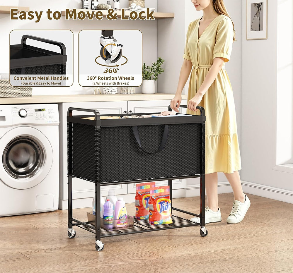 Laundry Hamper Rolling Sorter: 120L Large Basket with Wheels Removable Bag