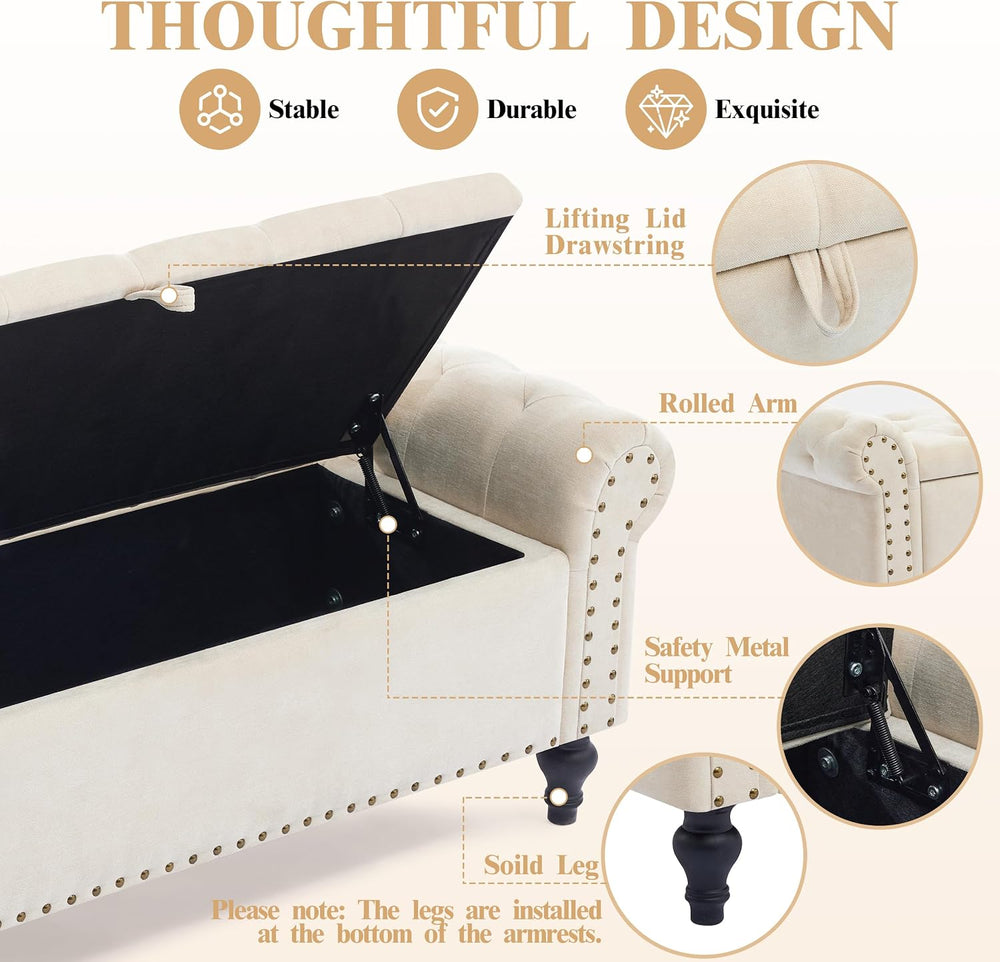 51" Storage Bench for Bedroom, Upholstered Ottoman Bench, Chenille Beige
