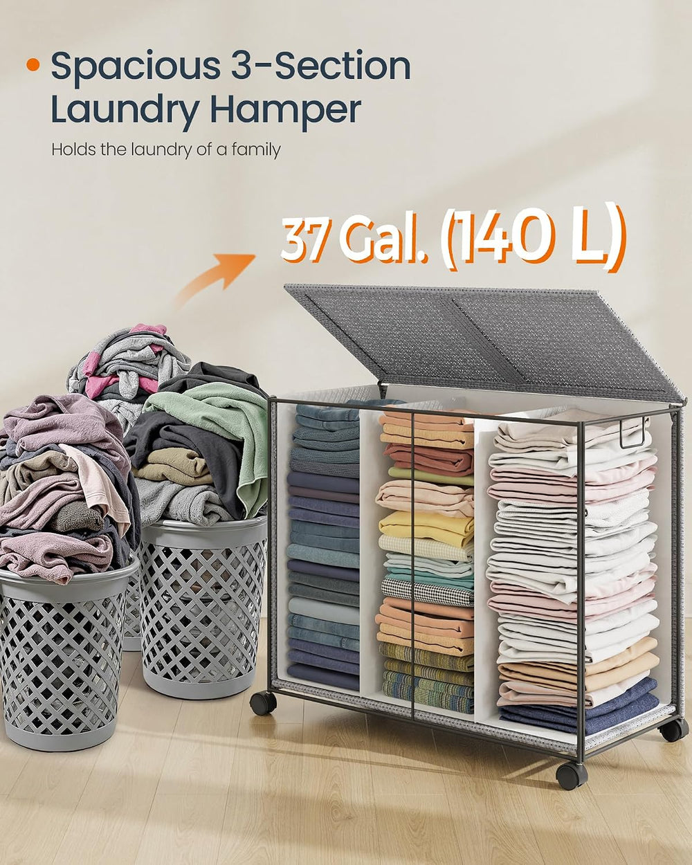 SONGMICS HOME Laundry Hamper with 3 Section, 140 L, Rattan, with Wheels
