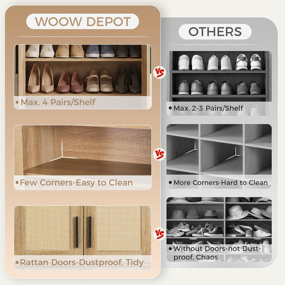 65" 8-Tier Tall Shoe Cabinet with Rattan Doors