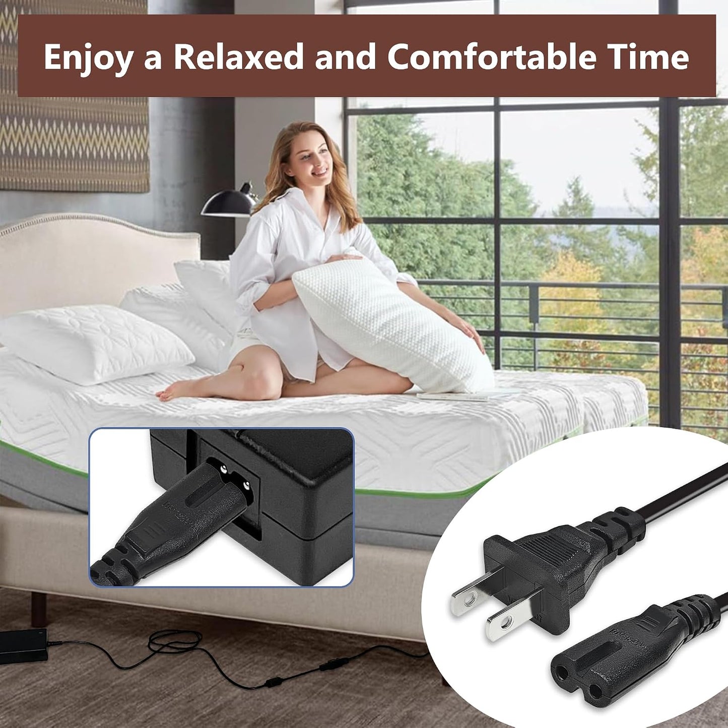 6.6Ft AC Power Cord for Electric Recliner, power supply cord replacement Okin, Limoss, Lazboy, Pride, Berkline electric chair lift, electric scooter, adjustable bed parts, 2 Prong US Plug cable