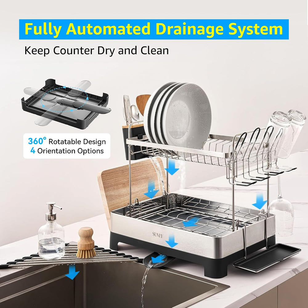 SUNLY 2 Tier Dish Drying Rack, Extra Large Dish Rack, Multifunctional Large D...