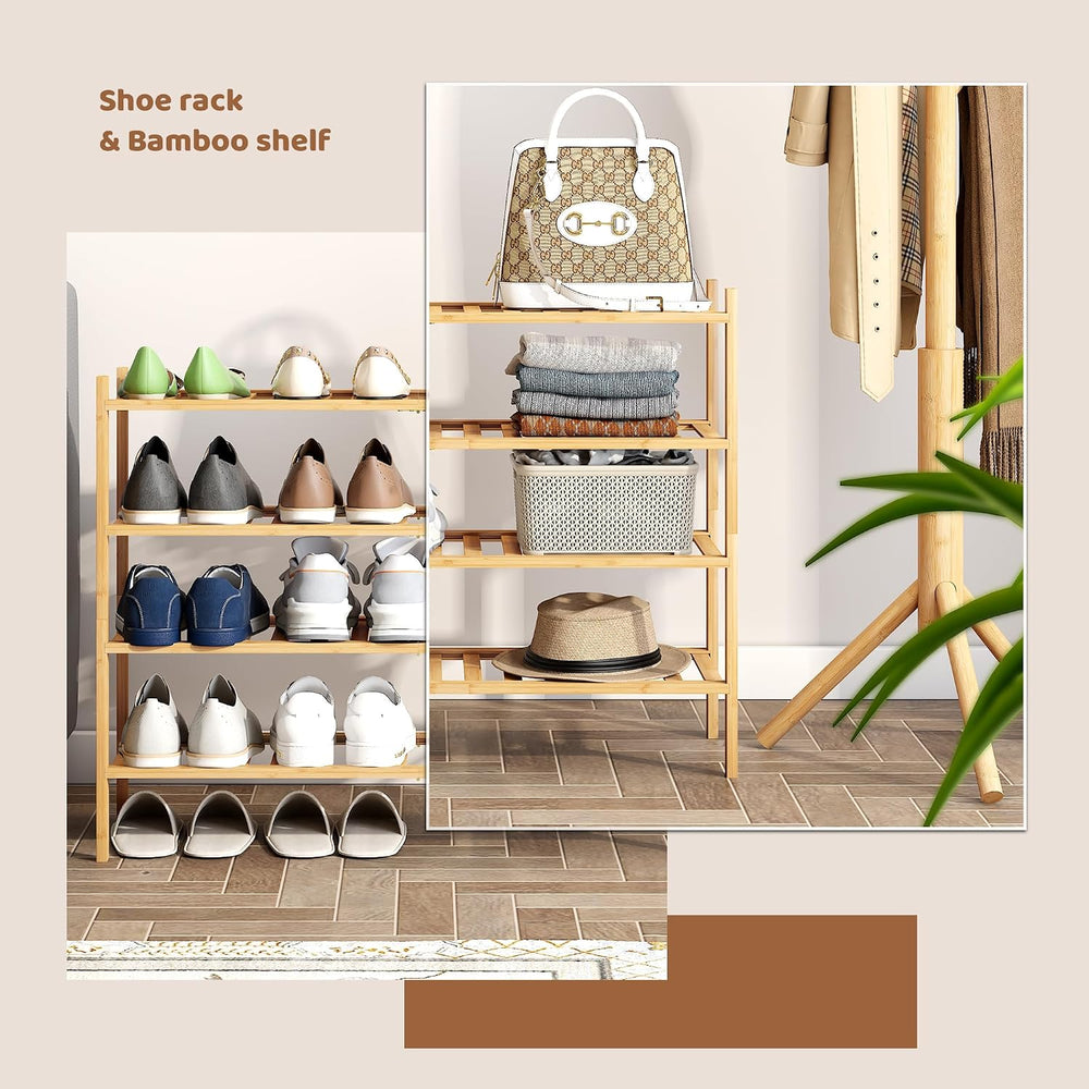 Bamboo Shoe Rack Stackable Shoe Shelf Storage Organizer for Unit Entryway Hal...