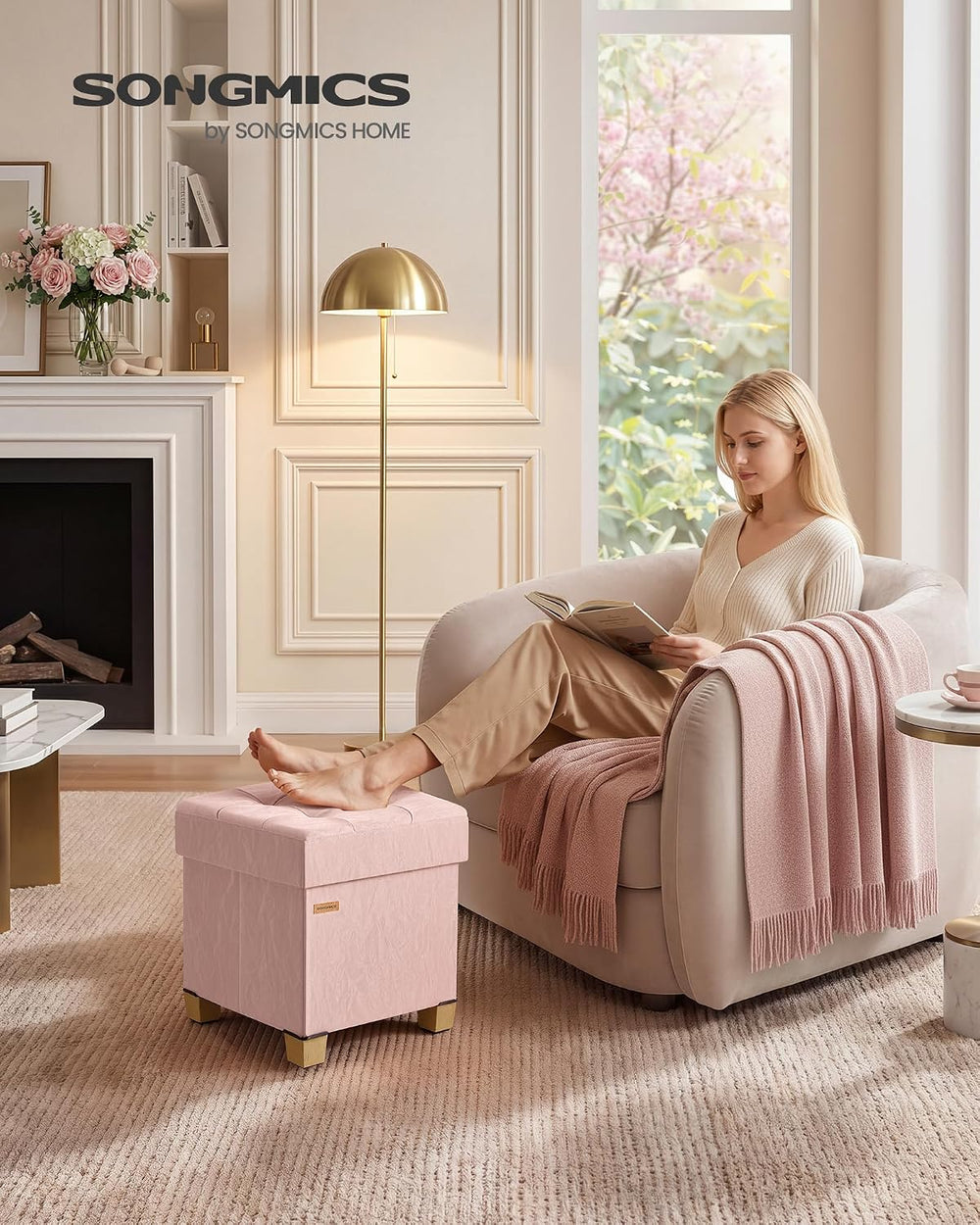 SONGMICS Storage Ottoman, Textured PU Leather Footstool with Cushion