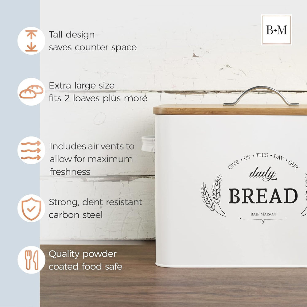 Baie Maison Extra Large White Farmhouse Bread Box for Kitchen Countertop - Br...
