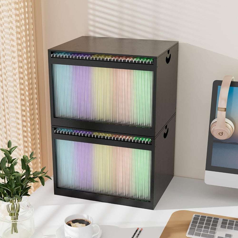 Bamboo Hanging File Organizer, Desktop File Box with Lids, 2 Pack, Black