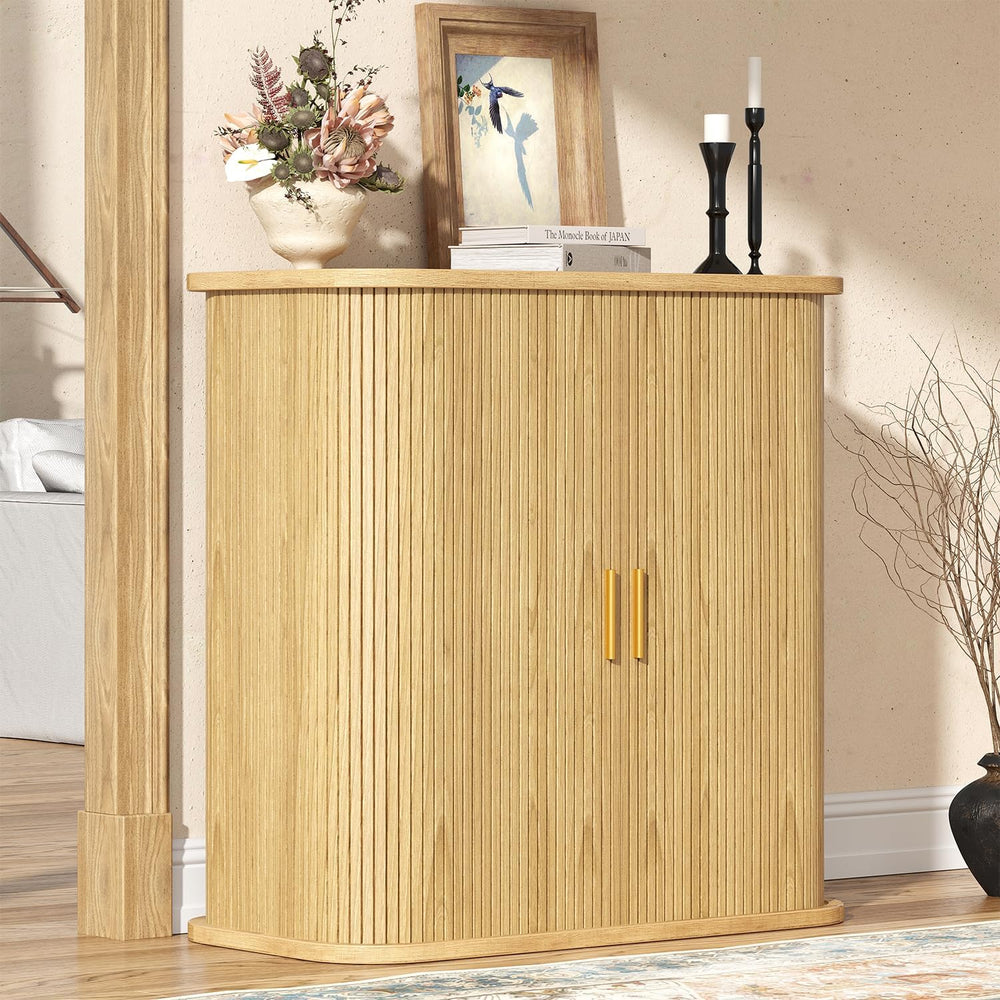 UNIQUITE 5-Tier Sliding Door Shoe Cabinet, Adjustable Shelves Wooden Shoe Sto...