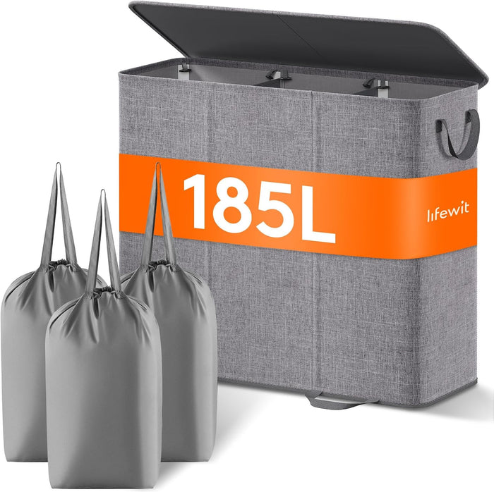 Lifewit Triple Laundry Hamper with Lid, Removable Laundry Bags, Gray