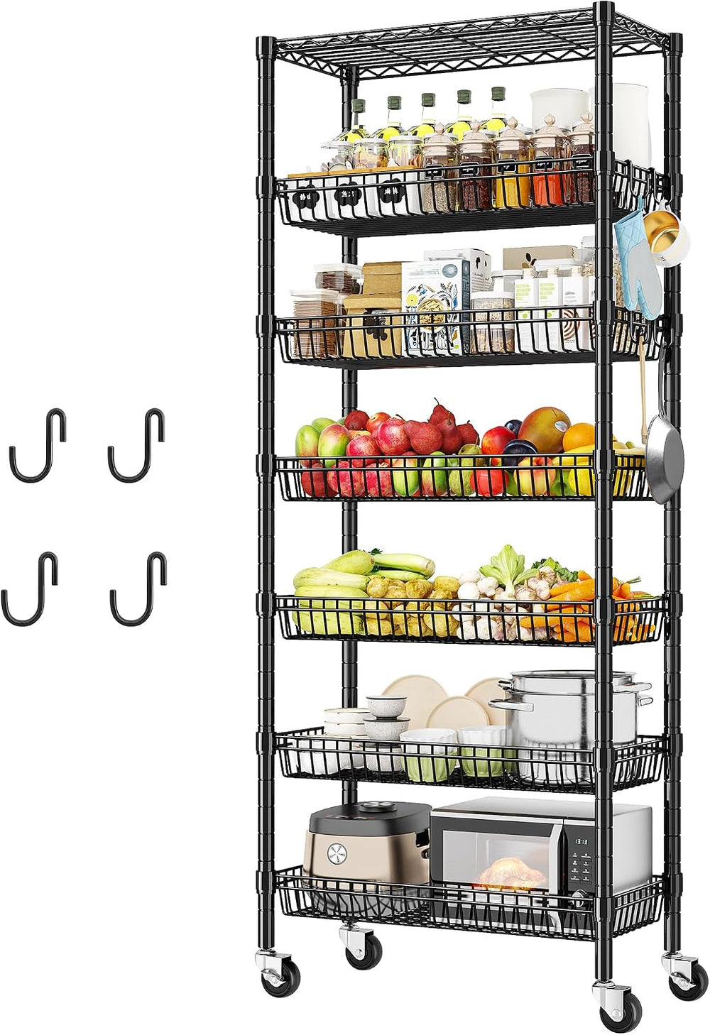 DurayLoly 7-Tier Wire Shelving Unit with Basket Shelf & Wheels