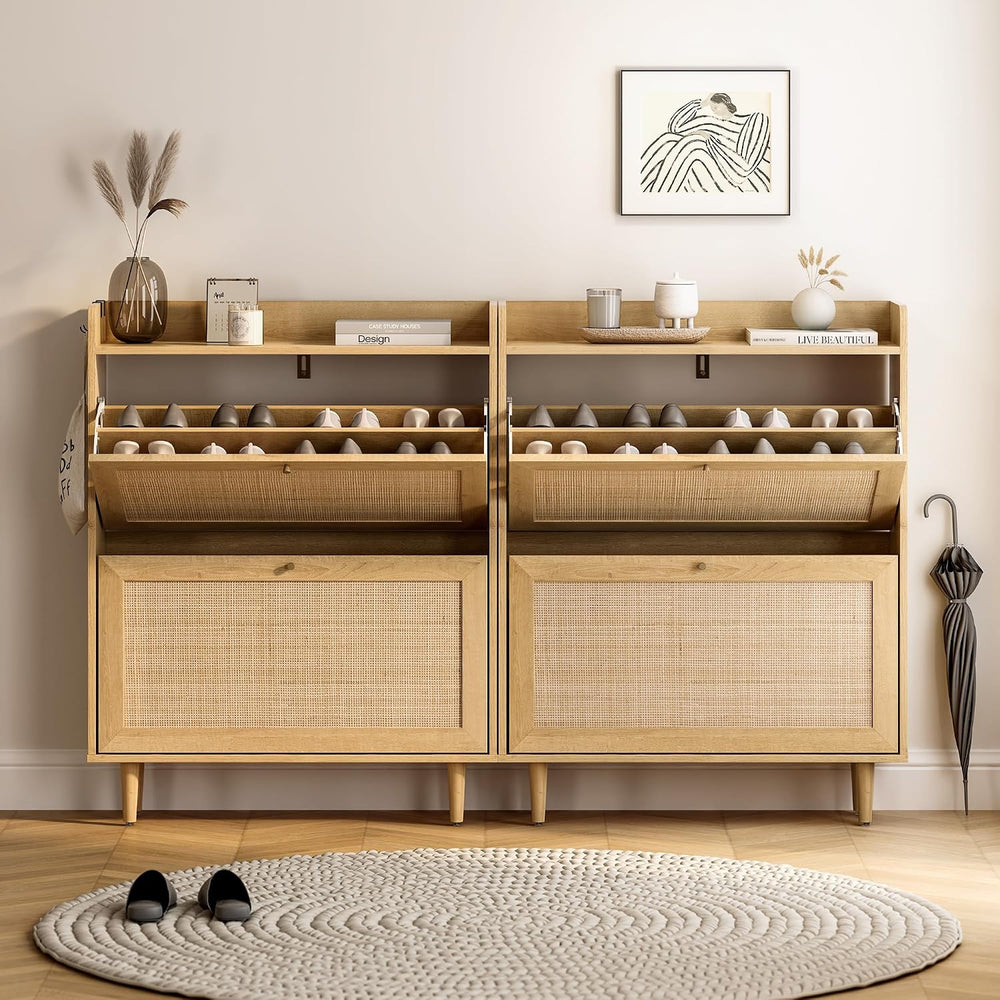 EYYTHUNG Rattan Shoe Cabinet with 2 Flip Drawers, Mid Century Modern Shoe Org...