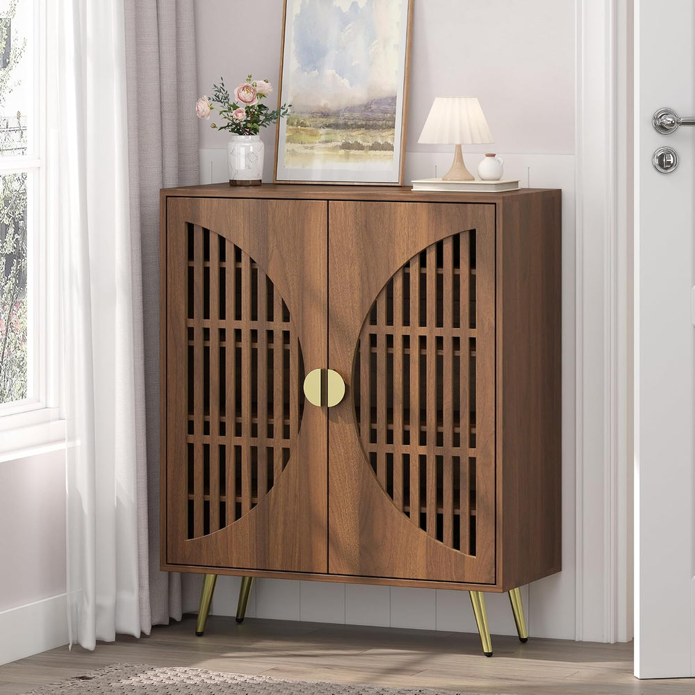 5-Tier Walnut Shoe Storage Cabinet with 2 Slatted Doors, Shoe Cupboard with A...